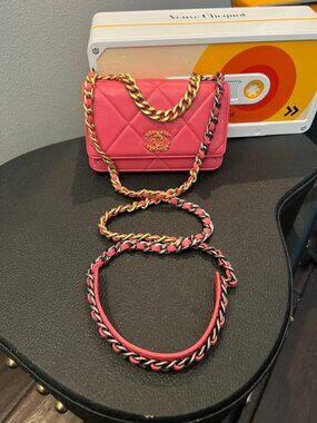 Chanel 19 Wallet On Chain WOC Pink Lambskin Mixed Hardware Like New Full Set